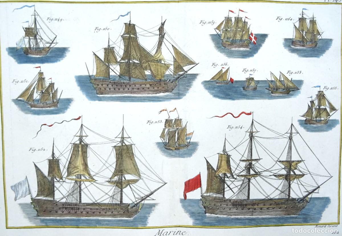 Arte: Barcos de vela del siglo XVIII, grabado en cobre, R. Benard, 1792, Marine