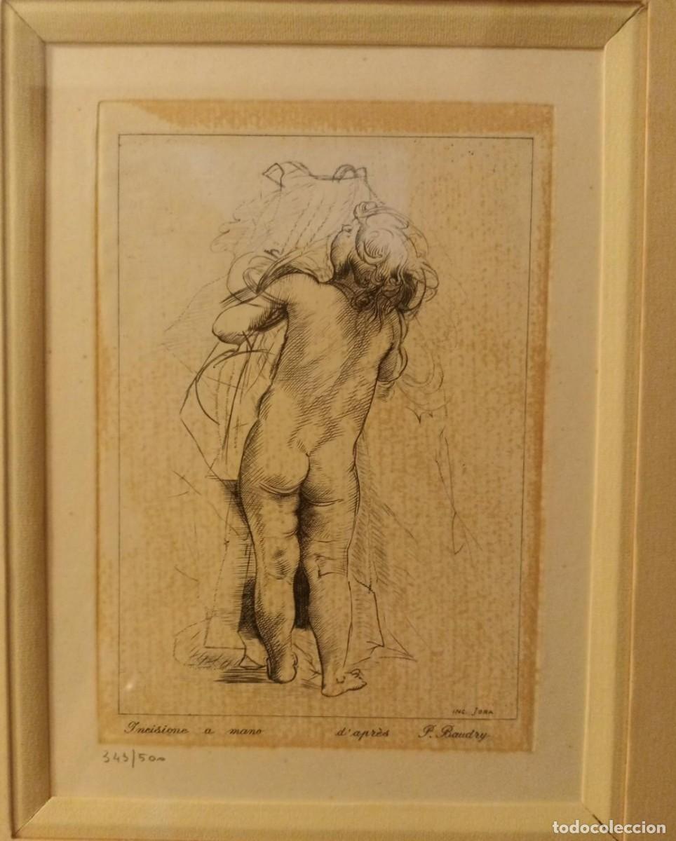 Arte: Lote de 2 grabados a mano enmarcados. Rembrandt y Paul Baudry. Ediciones numeradas
