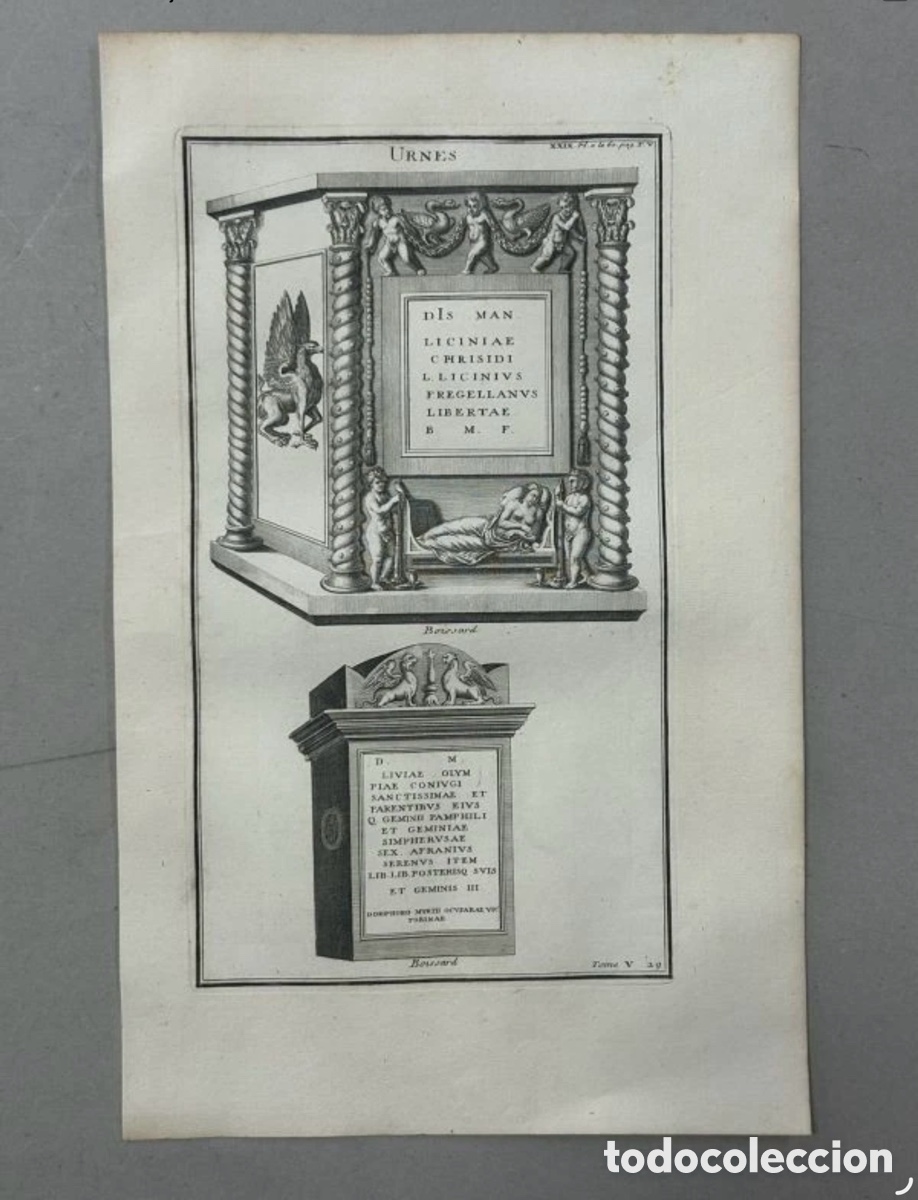 Arte: Grabado S.XVIII - Urna Sepulcral Romana - Tomo V L&aacute;mina XXIX - Bernard De Montfaucon 1719/1757