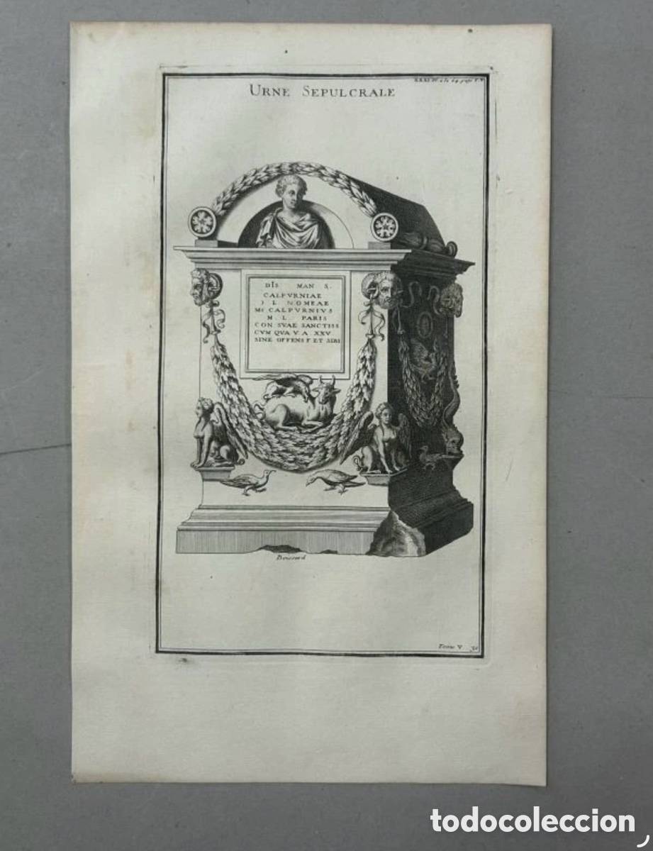 Arte: Grabado S.XVIII - Urna Sepulcral Romana Boissard - Tomo V L&aacute;mina XXXI . Montfaucon 1719/1757
