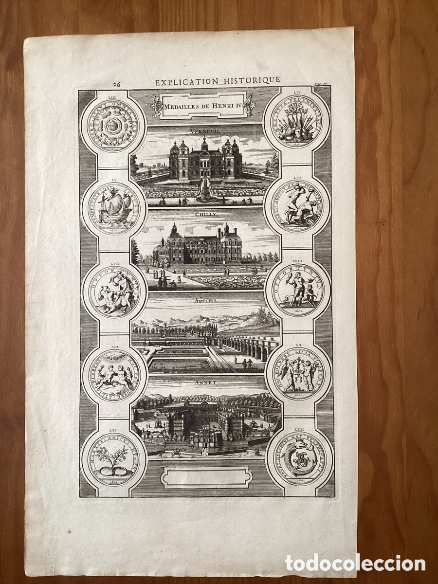 Arte: Grabado Original 1724 &bull; Medallas Rey Enrique IV de Francia y Palacios &bull; Bernard Picart