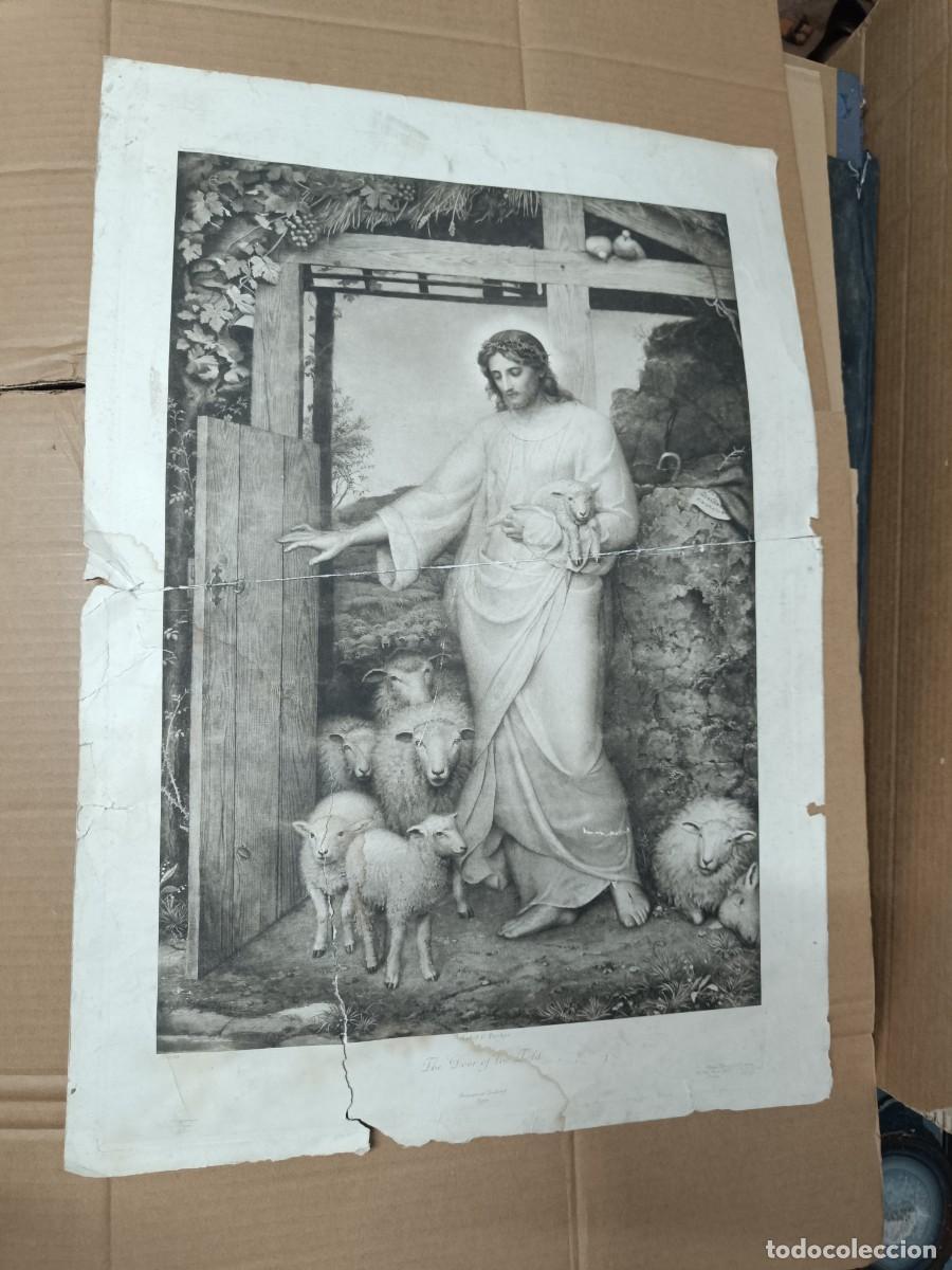 Arte: ANTIGUO CARTEL RELIGIOSO, JESUCRISTO, SIGLO XIX, DOOR OF THE TOLD, SYBIL PARKER, JESUS CON OVEJAS M3