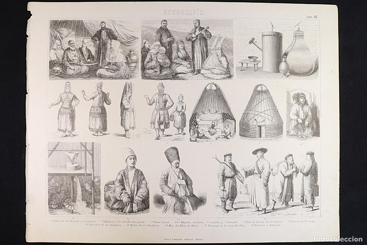 Arte: Grabado Etnograf&iacute;a 32. Kalmucos, Mordwini, Kirgises. Mongoles. Engraving Ethnography Mongols.