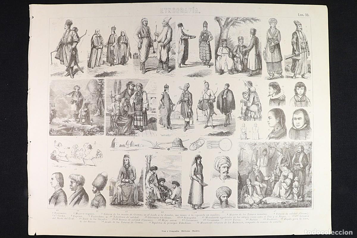 Arte: Grabado Etnograf&iacute;a 33. Curdos, T&aacute;taros, Turcomanos, Lapones, Samoyedos. Kurds, Tatars, Turkmen, Sami