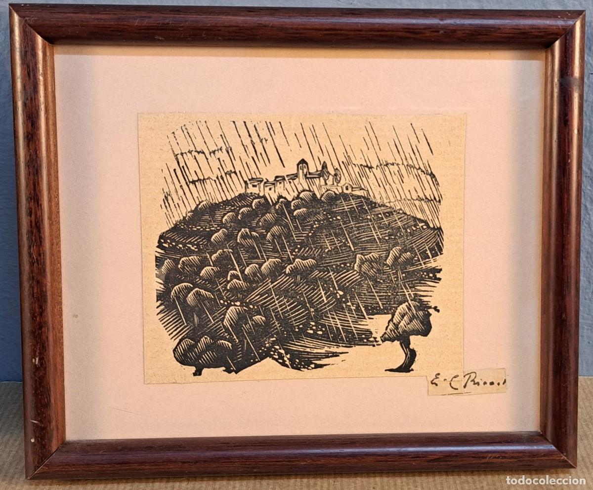 Arte: Grabado original firmado, Paisaje lluvioso con pueblo