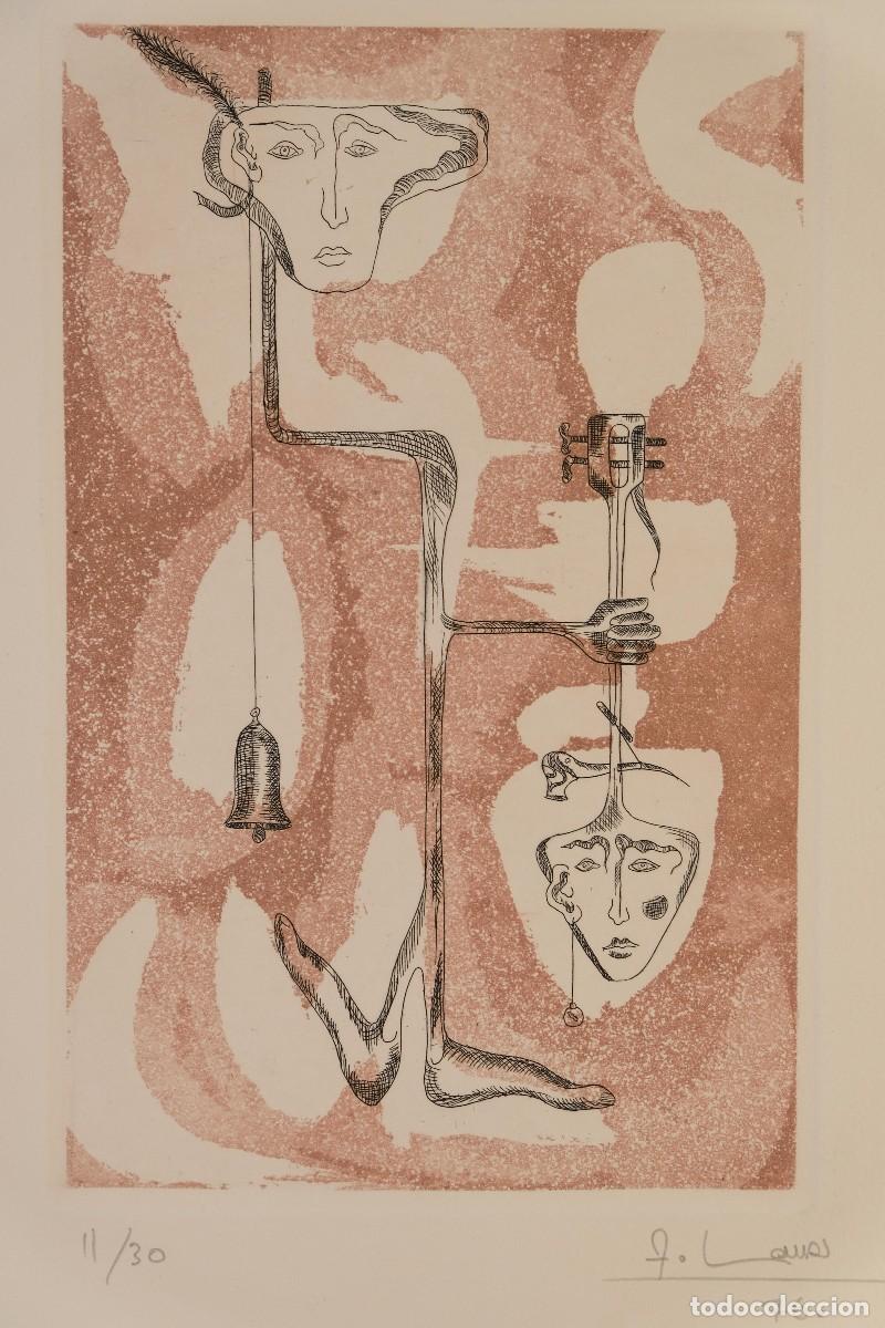 Arte: Grabado 11/30 Composici&oacute;n surrealista firma ilegible 1976