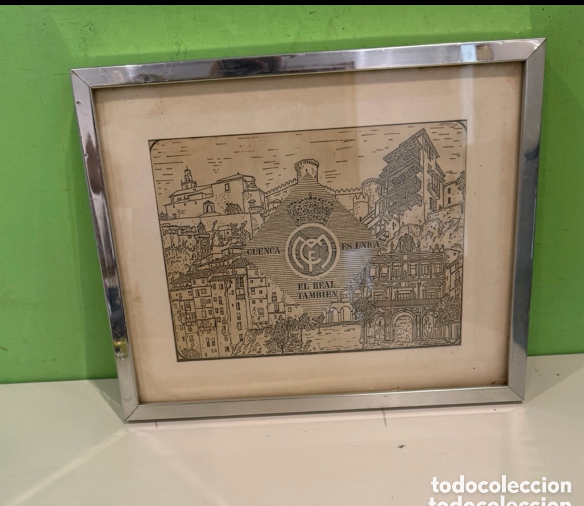 Arte: Antiguo grabado firmado. Real Madrid y Cuenca. Enmarcado. A&ntilde;os 70-80