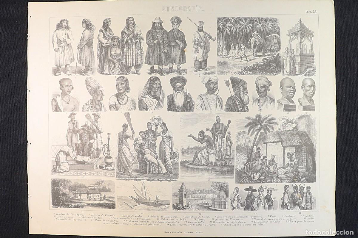 Arte: Grabado Etnograf&iacute;a 38. Lamas, Indios, Singaleses, mujeres del T&iacute;bet. Indians, Sinhalese, Tibetan