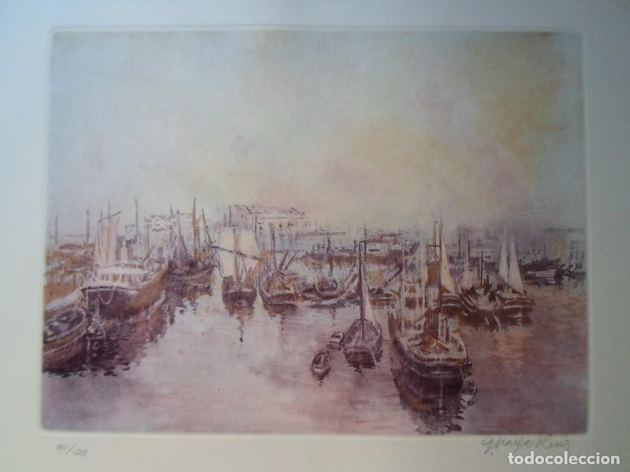 Art: Guillermo Vargas Ruiz (Sevilla, 1910-Madrid, 1990) grabado al aguatinta del Puerto de GIJ&Oacute;N Asturias