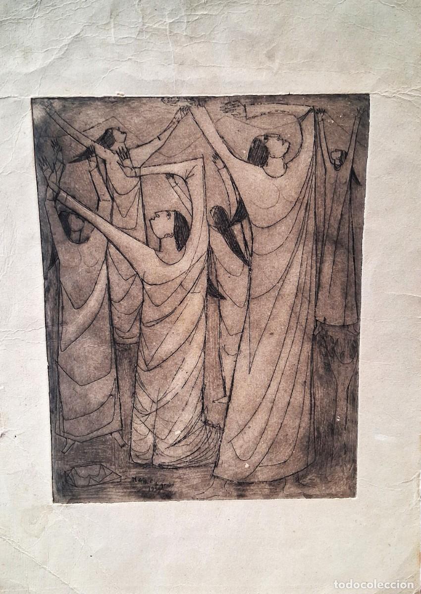 Arte: MANOLO GIL P&Eacute;REZ (VALENCIA,1925-1957) &rdquo;DANZANTES&rdquo; GRABADO (HUELLA 32 x 25) PLANCHA 49 x 35 (1954)