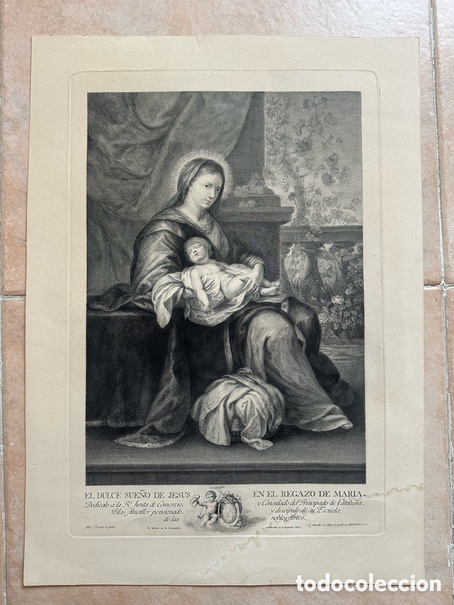 Arte: Grabado Antiguo . BLAS AMATLLER - EL DULCE SUE&Ntilde;O DE JES&Uacute;S EN EL REGAZO DE MARIA - 1792