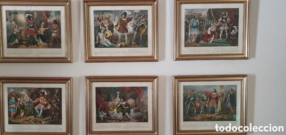 Arte: 6 cuadros con grabados escenas Hernan Cortes