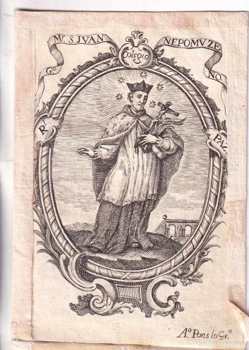Arte: ESTAMPA DE SAN JUAN NEPOMUCENO. SIGLO XVIII. GRABADO POR ANTONIO PONS. 11,5 X 8 CM.