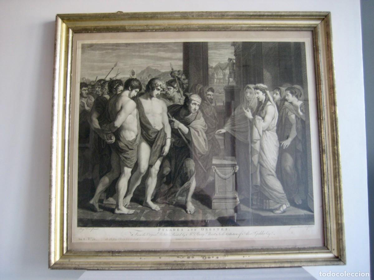 Arte: Gran grabado siglo XVIII de tema mitol&oacute;gico con marco: P&iacute;lades y Orestes