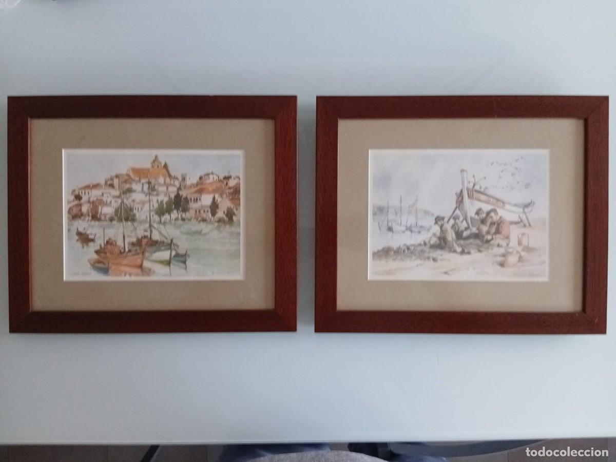 Arte: J&uacute;lio Amaro - Pareja de cuadros / L&aacute;minas encuadradas de acuarelas de Portugal