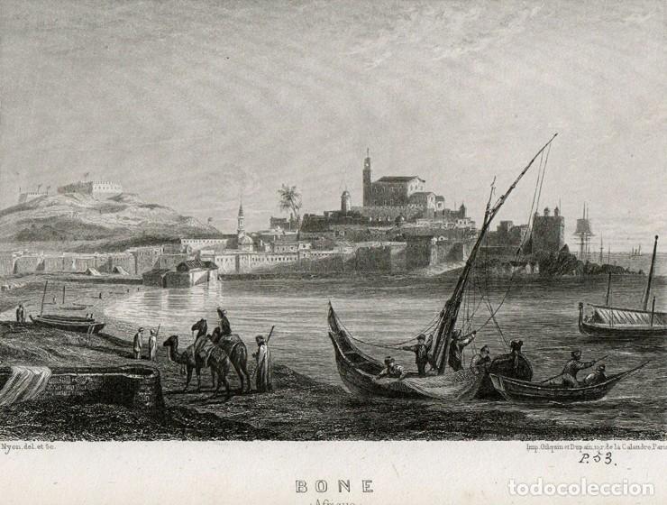 Arte: GRABADO AL ACERO DE 1858, VISTA DE ANNABA (BONA), ARGELIA, HIPONA, HIPPO REGIUS. GRAV&Oacute; NYON