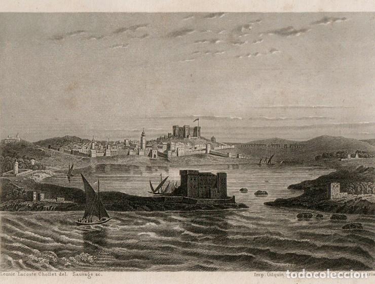 Arte: GRABADO AL ACERO DE 1858, VISTA DE T&Uacute;NEZ, PUERTO, LA GOLETA, GOULETTE, HALQ AL WADI. GRAV&Oacute; SAUVAGE