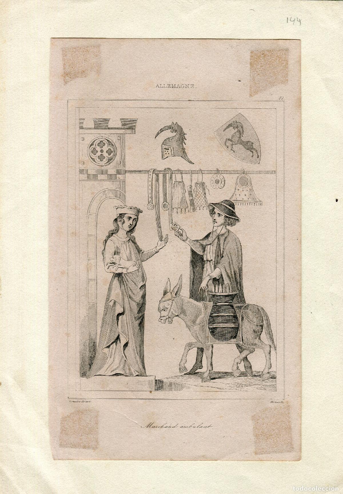 Arte: Mercader ambulante en Alemania - grabado original al acero - Le Bas - h. 1840