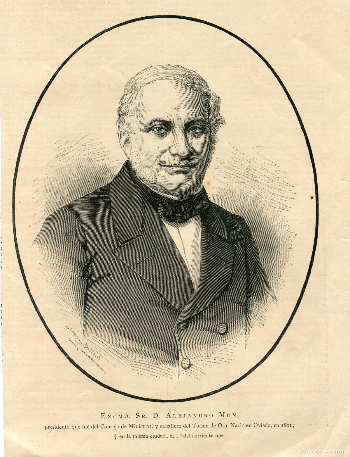 Arte: Alejandro Mon presidente del Consejo - grabado antiguo xilogr&aacute;fico - 1882