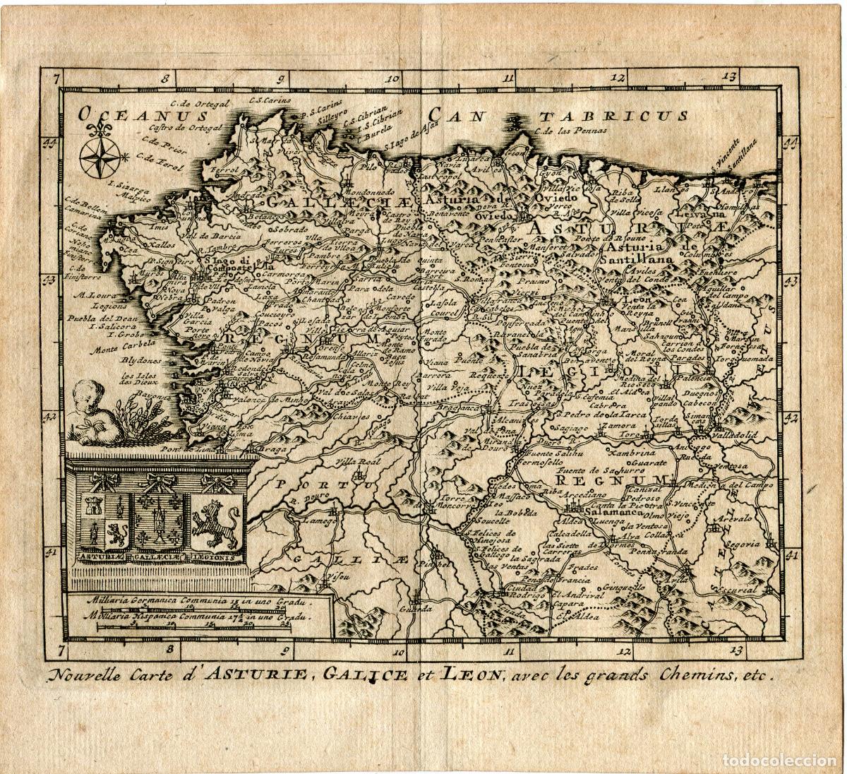 Arte: Mapa antiguo de Asturias, Galicia y Le&oacute;n - grabado original - Van der Aa - 1715