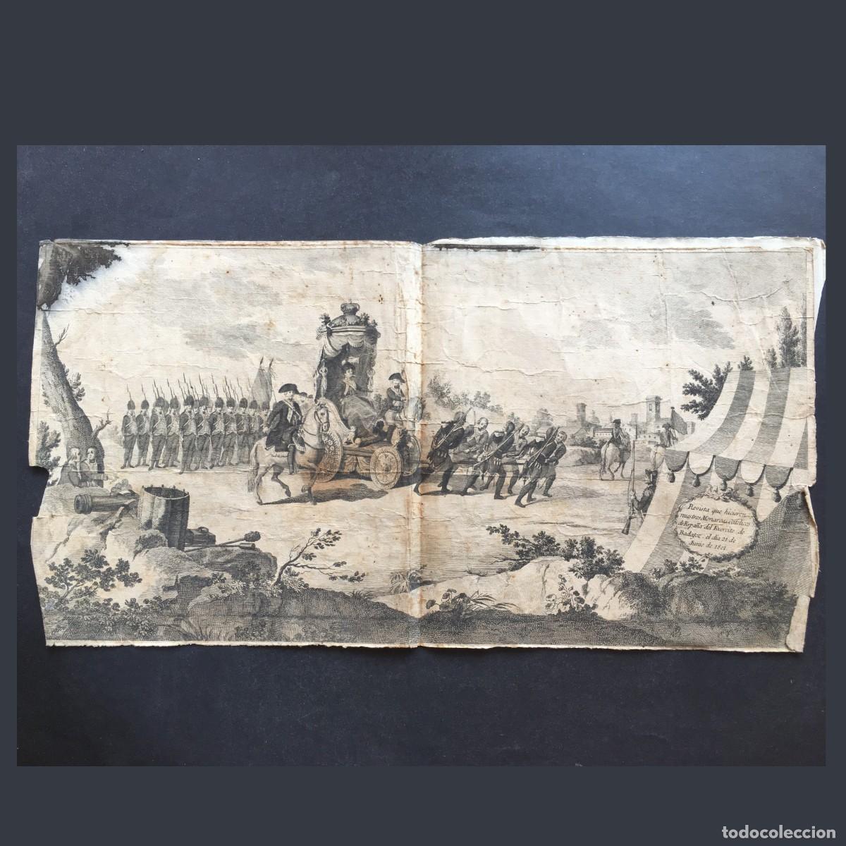 Arte: A&ntilde;o 1801 - Grabado - Badajoz - Guerra de las Naranjas - Carlos IV