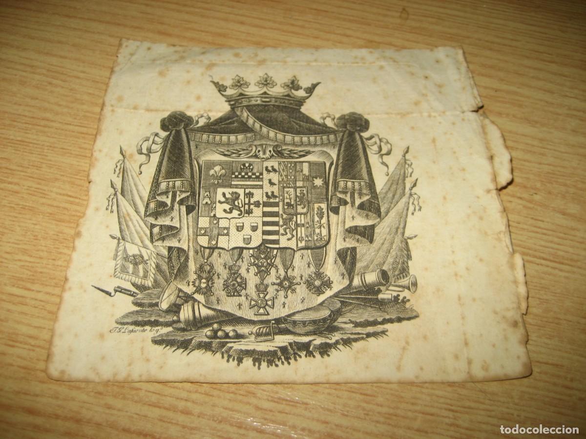 Arte: peque&ntilde;o grabado , escudo heraldico militar Castilla y Le&oacute;n de Jose Gabriel Lafuente sXIX 10/10cm