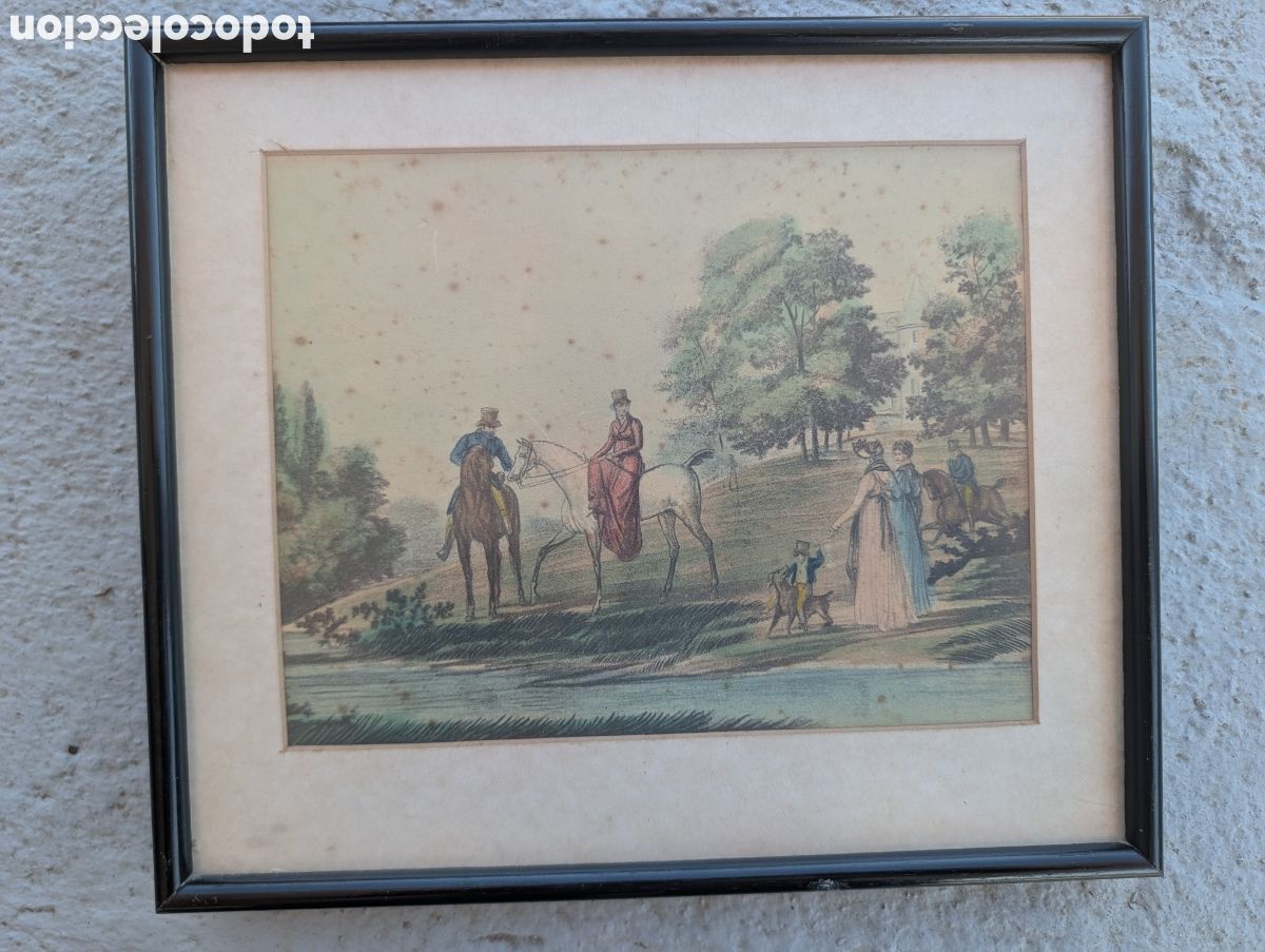 Arte: Grabado Rom&aacute;ntico Iluminado a Color - Escena Ecuestre de &Eacute;poca - Enmarcado - S. XIX