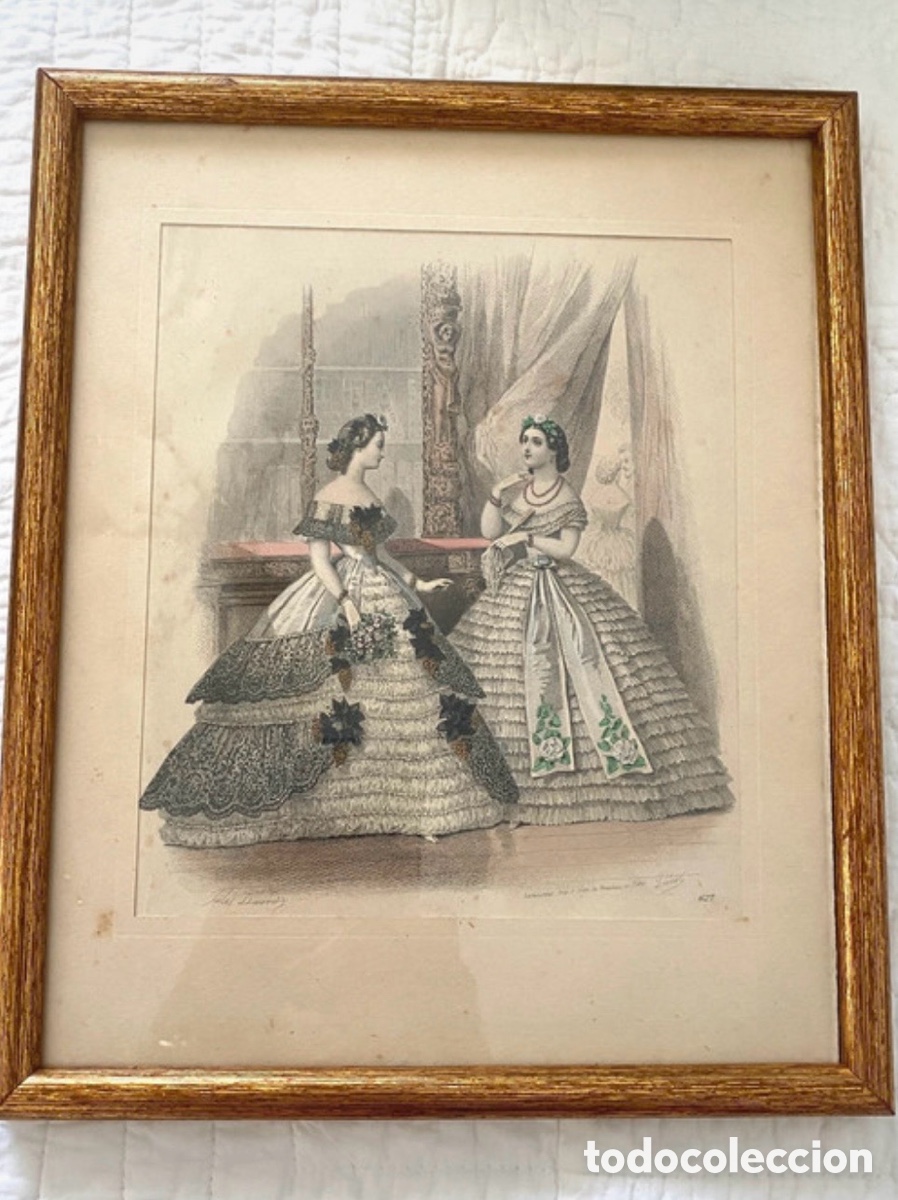 Arte: Antiguo grabado de moda victoriana enmarcado - Figurines de &eacute;poca S. XIX coloreado a mano