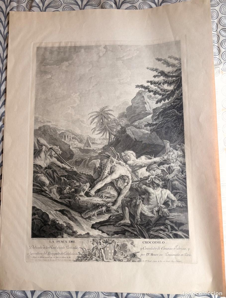 Arte: Grabado al cobre de &ldquo;la pesca del cocodrilo&rdquo; y &ldquo;La caza del avestruz&rdquo; de 1774