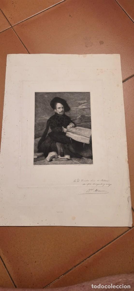 Arte: Importante grabado Menipo de Bartolome Maura sobre Velazquez dedicafi 1874
