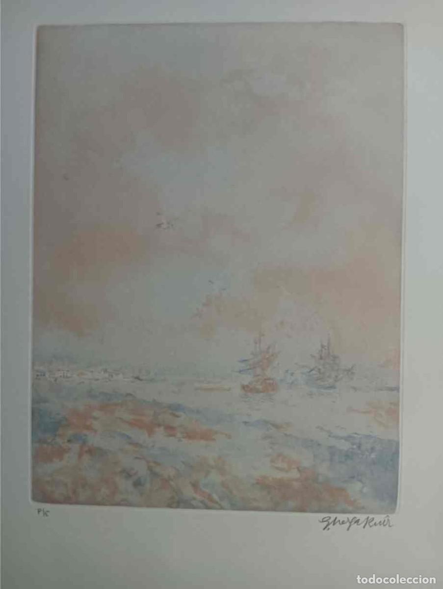 Arte: Guillermo VARGAS RUIZ (Bollullos Sevilla 1910-Madrid, 1990) grabado Huelva 33x24 papel 49x38c Firm
