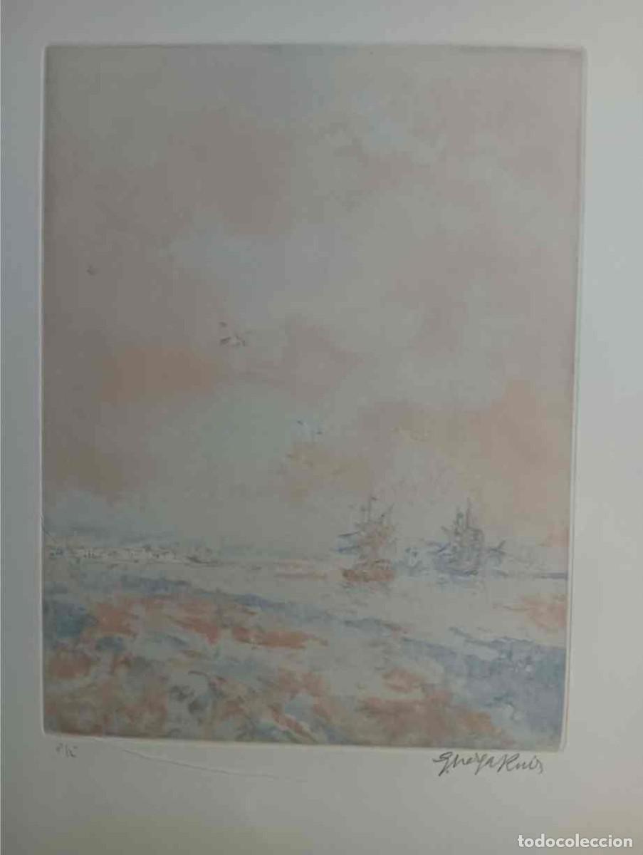 Arte: Guillermo VARGAS RUIZ (Bollullos Sevilla 1910-Madrid, 1990) grabado Huelva 33x24 papel 49x38c Firm