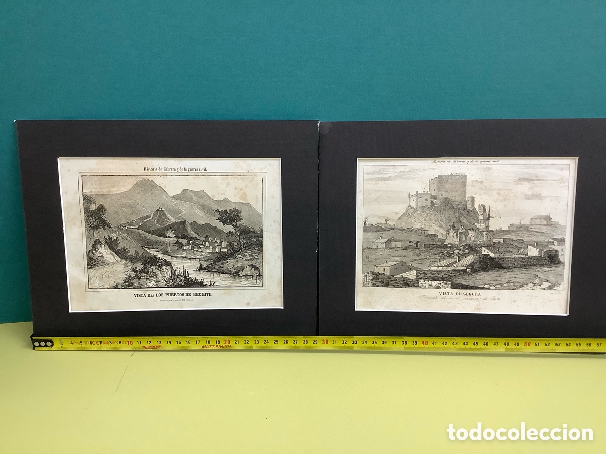 Arte: Lote 4 grabados vistas Segura, Tortosa, Puerto de Beceite de H&ordf; de Cabrera 1&ordf; guerra civil Carlista