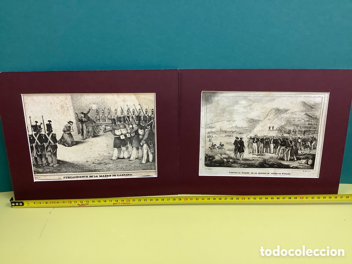 Arte: 2 grabados de H&ordf; Cabrera 1&ordf; guerra Carlista, fusilamiento de su madre y se despide de su ej&eacute;rcito