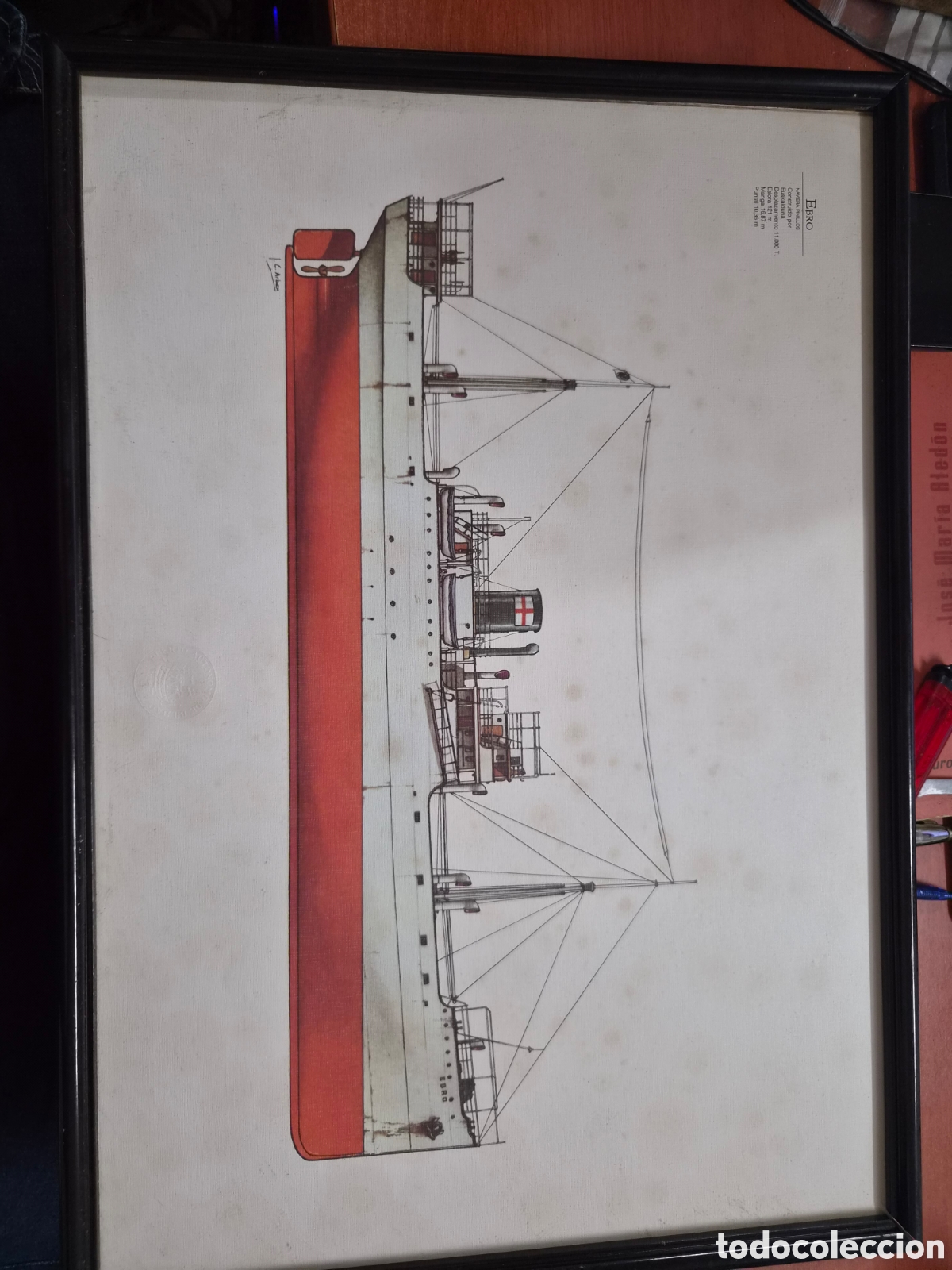 Arte: Grabado de buque Ebro por J.C Arbex ilustrador espa&ntilde;ol muy conocido firmado mide 51 x 35,5 cms