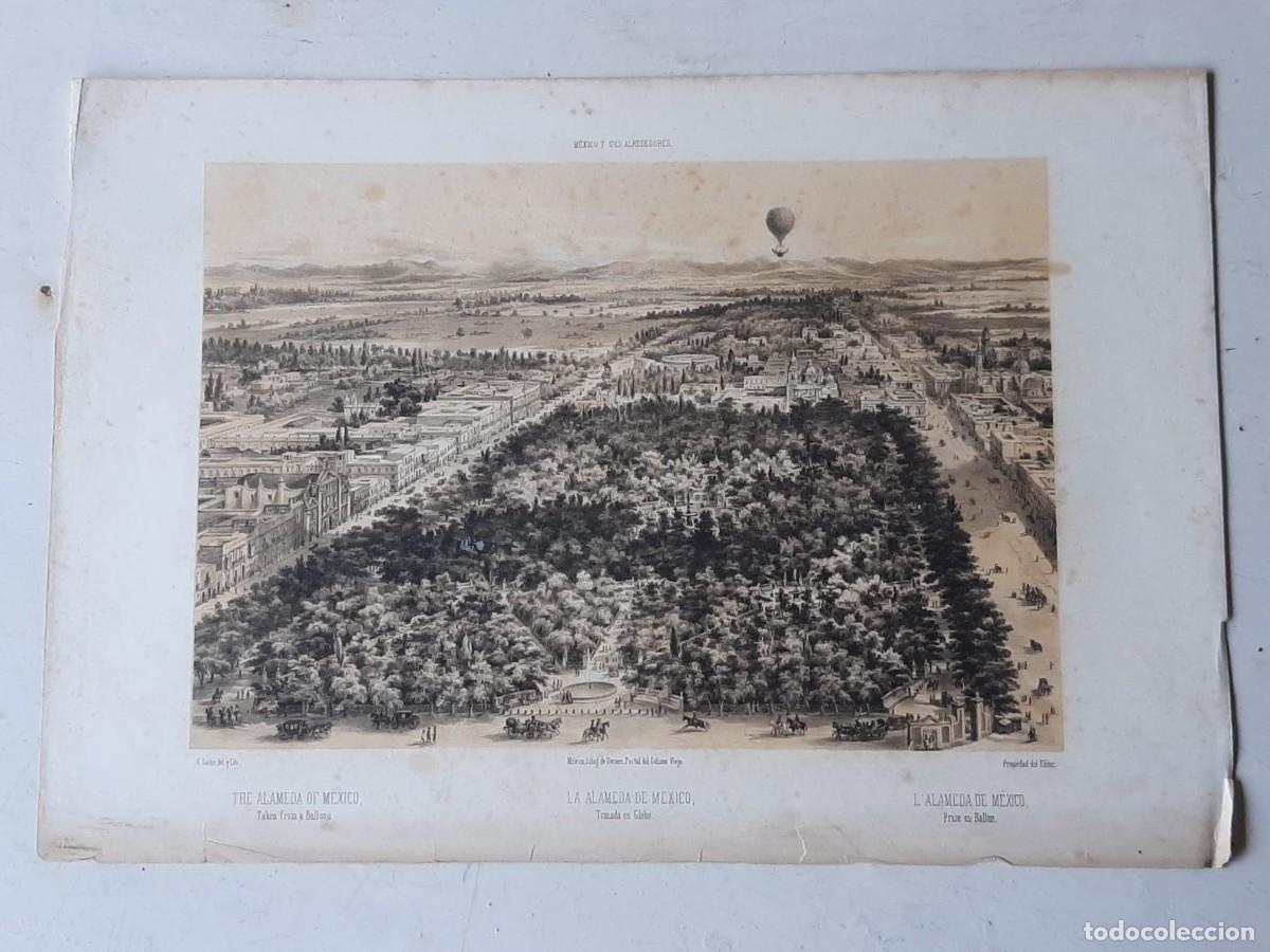 Arte: Grabado mexicano de C. Castro litograf&iacute;a J. Decaen, 2&ordf; mitad siglo XIX La Alameda vista en globo