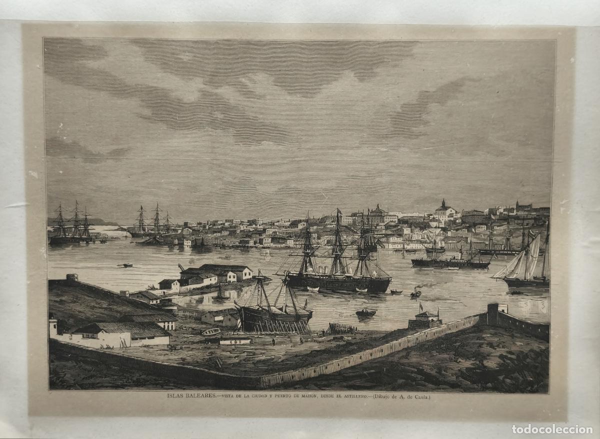 Arte: Antiguo grabado xilogr&aacute;fico &middot; MENORCA &middot; Vista de la Ciudad y puerto de Mah&oacute;n, desde el Astillero