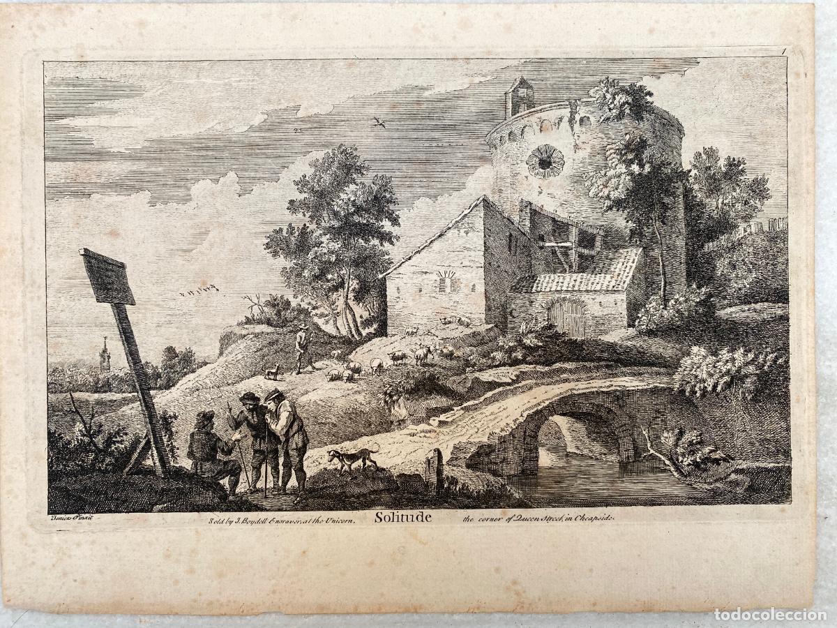 Arte: BOYDELL, John. (siguiendo a) TENIERS, David. Solitude. Paisaje. Grabado hacia 1780-1800.