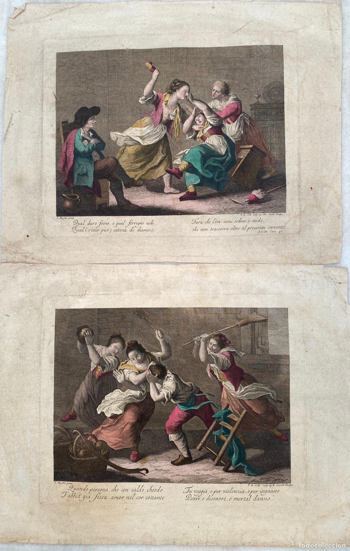 Arte: MAGIOTTO, Francesco. Dos grabados venecianos con escenas humor&iacute;sticas. TASSO. ARIOSTO. s. XVIII.