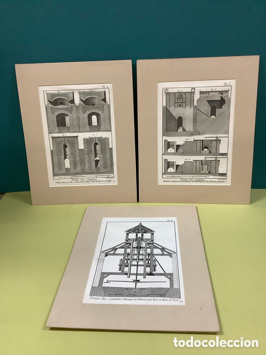 Arte: 3 grabados originales de la Diderot &ldquo;Fundici&oacute;n de ca&ntilde;ones&rdquo;