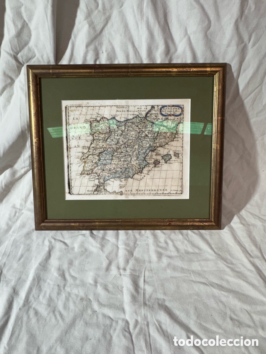 Art: Peque&ntilde;o mapa de Espa&ntilde;a en grabado policromado s XVIII