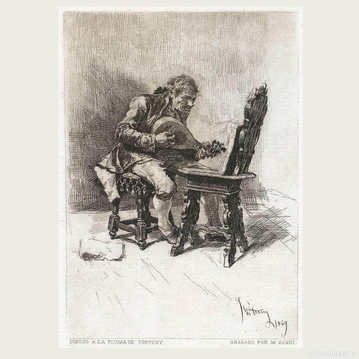 Art: Grabado al Aguafuerte, Fortuny por M Segui. &rdquo;El Guitarrista&rdquo;