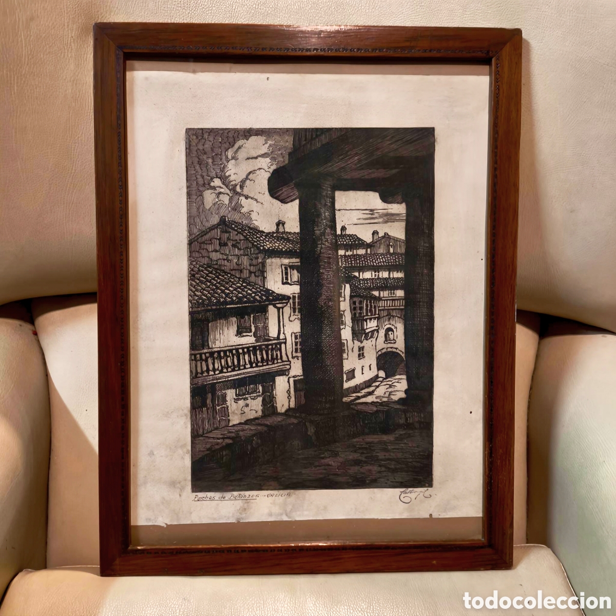 Arte: Grabado al aguafuerte &rdquo;Porches de Betanzos&rdquo; - MANUEL CASTRO-GIL - Firmado a l&aacute;piz y enmarcado