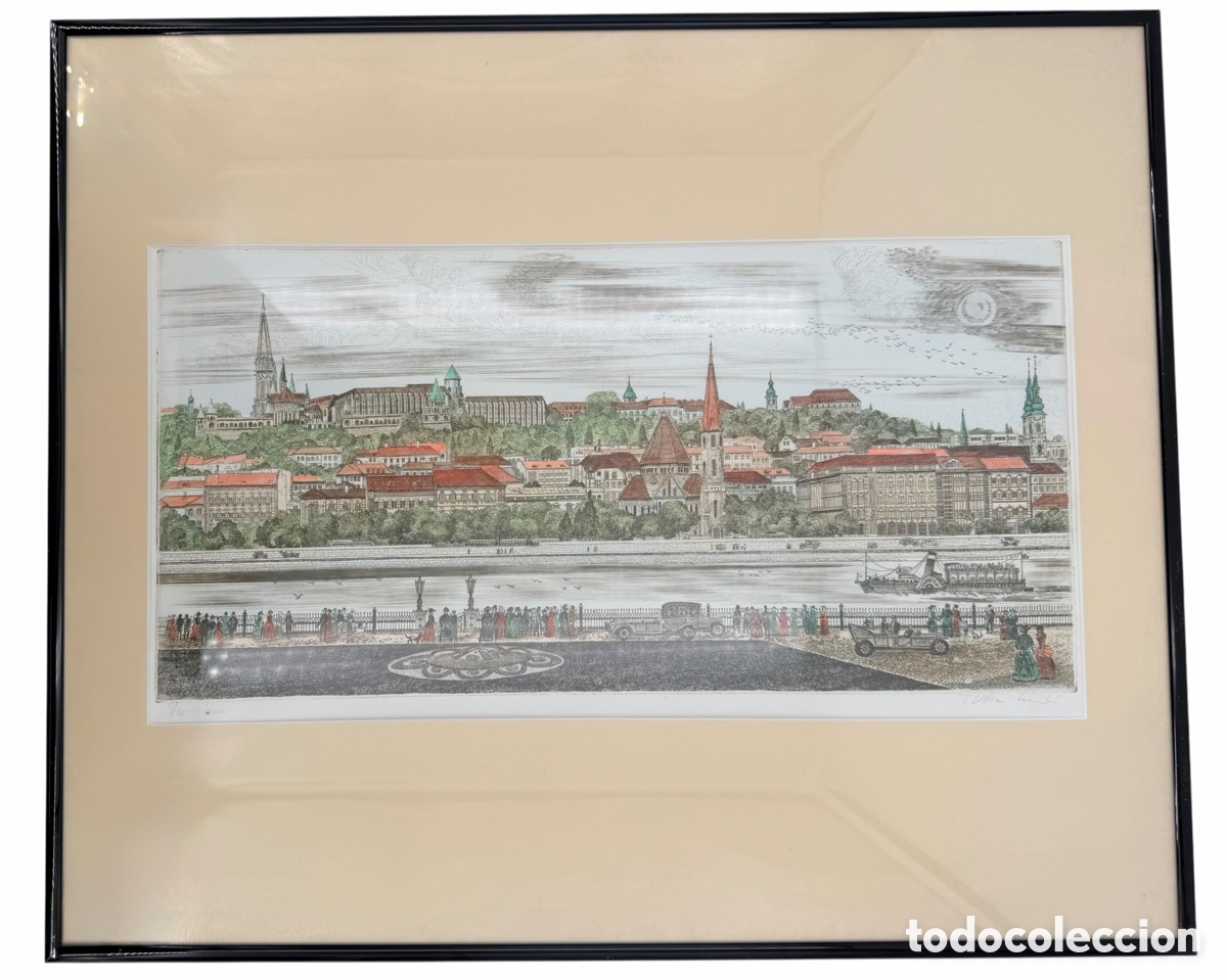 Kunst: Antiguo Grabado Budapest Coloreado y Firmado