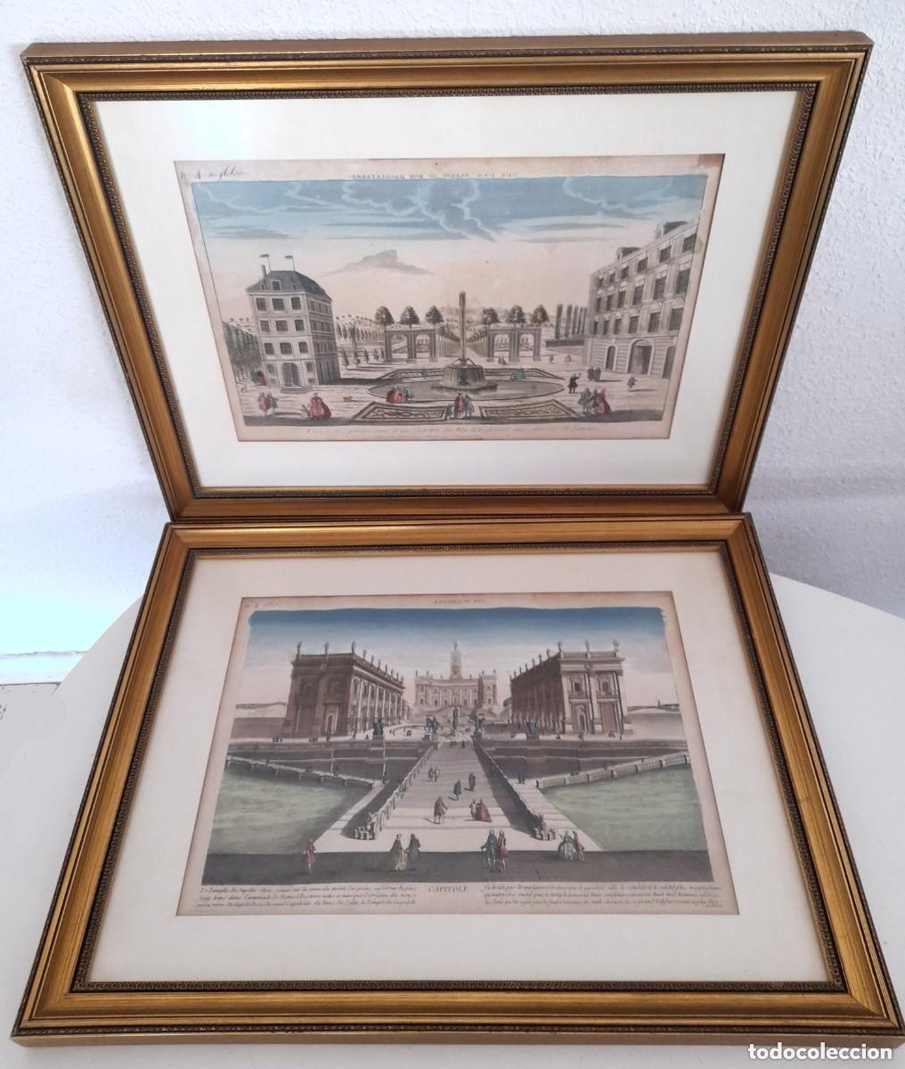 Art: Dos Grabados coloreados a mano Vista &Oacute;ptica Siglo XVIII XIX Campidoglio Roma y Jardin Rey Inglaterra