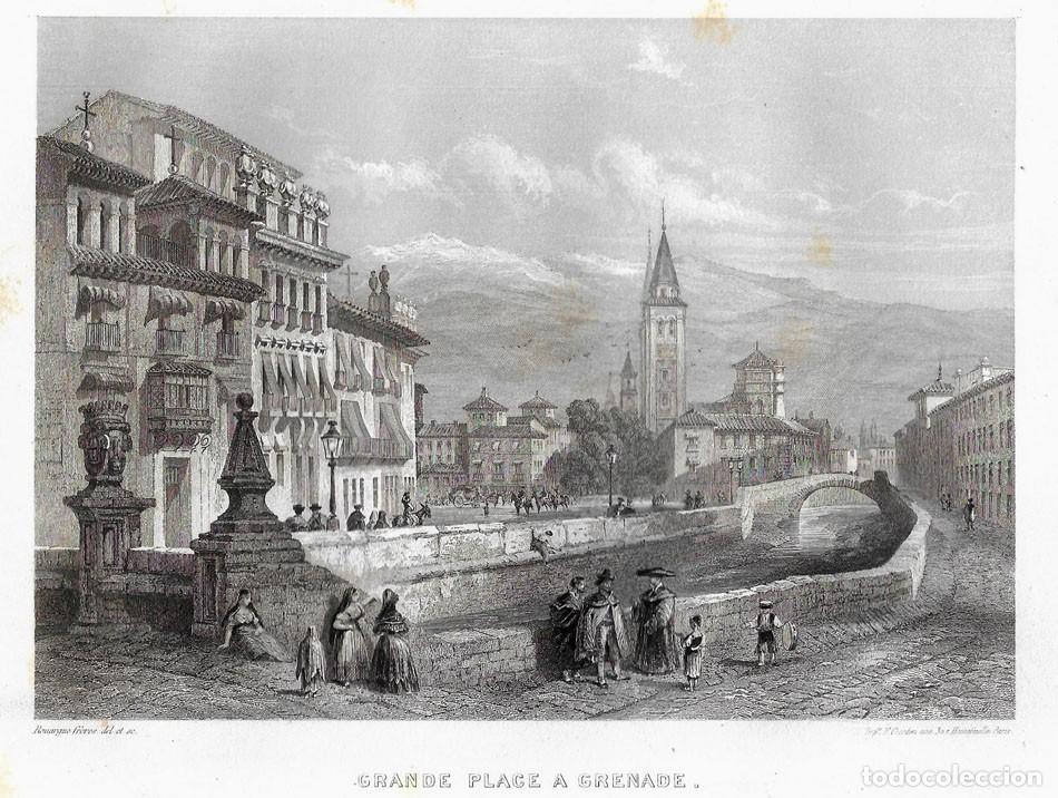 Arte: Plaza Mayor en Granada, grabado siglo XIX.