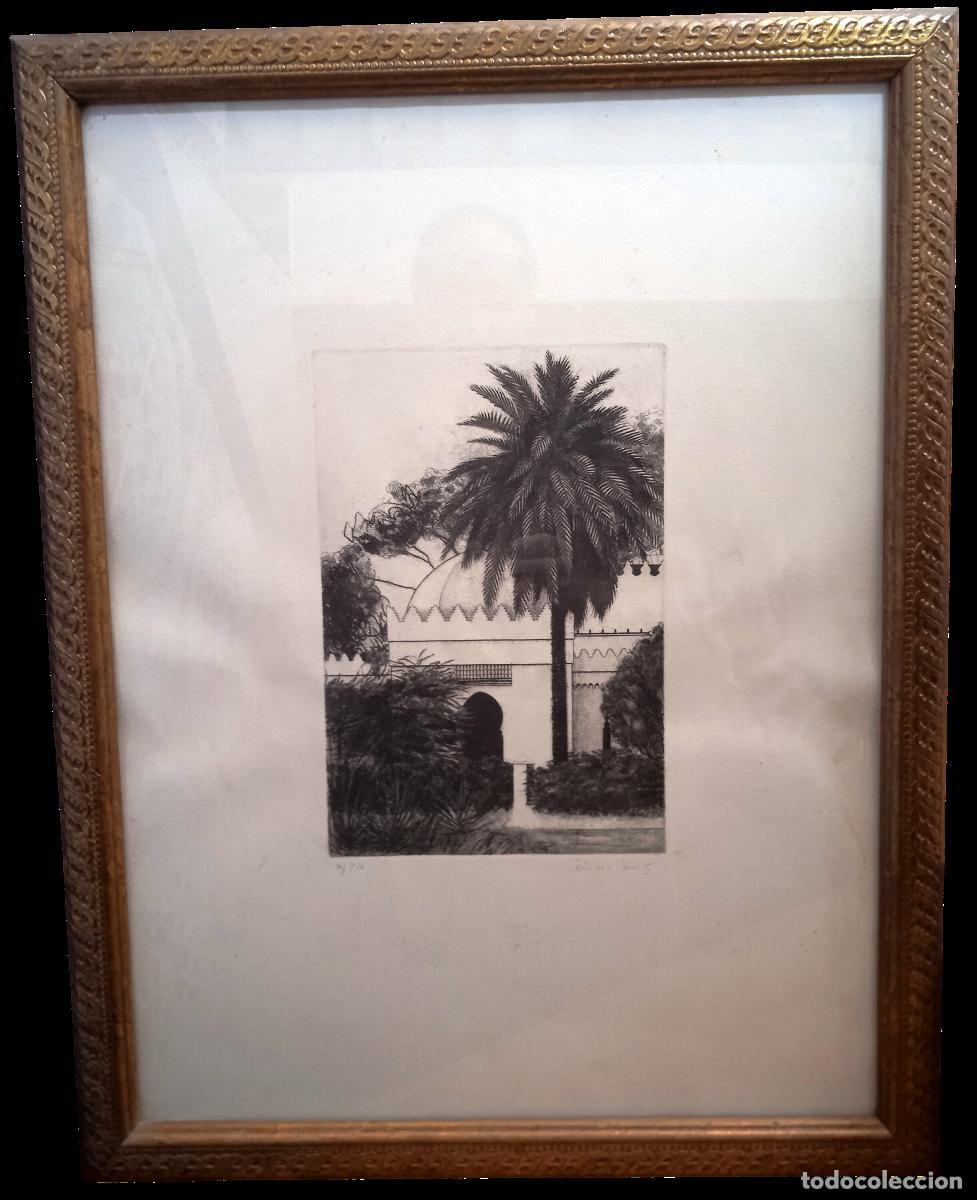 Kunst: CARMEN RUIZ (Sevilla, S.XX): &rdquo;Vista del Merendero de la Hacienda de Do&ntilde;a Mar&iacute;a&rdquo;. Grabado.