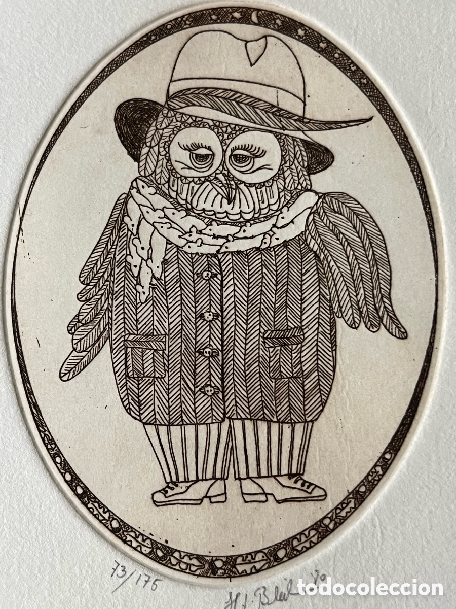 Arte: Antiguo grabado Firmado y numerado - B&uacute;ho