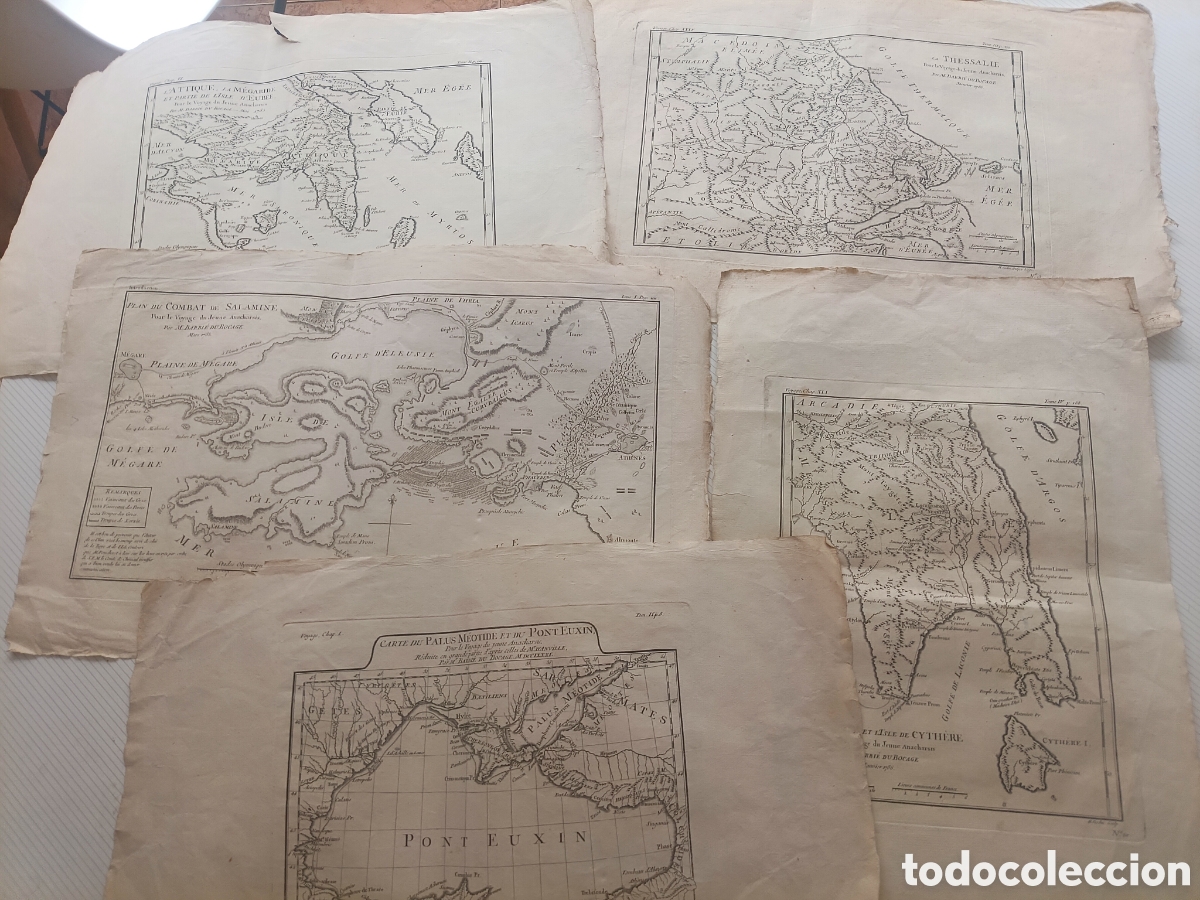 Arte: Grecia. 5 mapas antiguos. Salamina, Me&oacute;tide, Ponto Euxino, Laconia, Atica, Tesalia. Bocage 1785