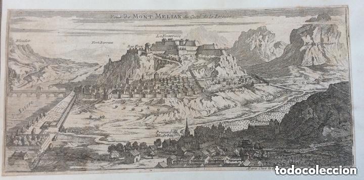 Arte: Antiguo grabado del Siglo XVIII. Veue de Mont Melian du Cost&eacute; de la Perouse. N. de Fer. Paris, 1705